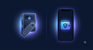 "Hardware vs software crypto wallets — cold storage device compared to mobile wallet app"