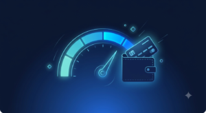 "How to build credit from scratch 2026 — rising credit score gauge with bank card icon"